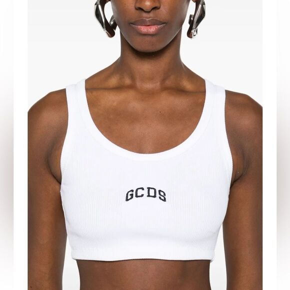 GCDS Tops - GCDS White Ribbed Crop Top logo tank tee Revolve street wear brand FWRD NWT L